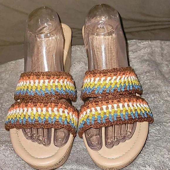 Comfort EST.1946 Crochet Cork Wedge Teal/Brown/Orange/White Cushion Sole Size 11 - Picture 4 of 10